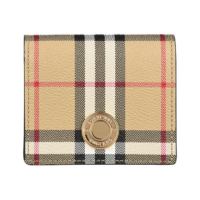 【BURBERRY 巴寶莉】BURBERRY金屬圓標LOGO復古格紋PVC 4卡壓釦式雙折短夾(典藏米x棕)