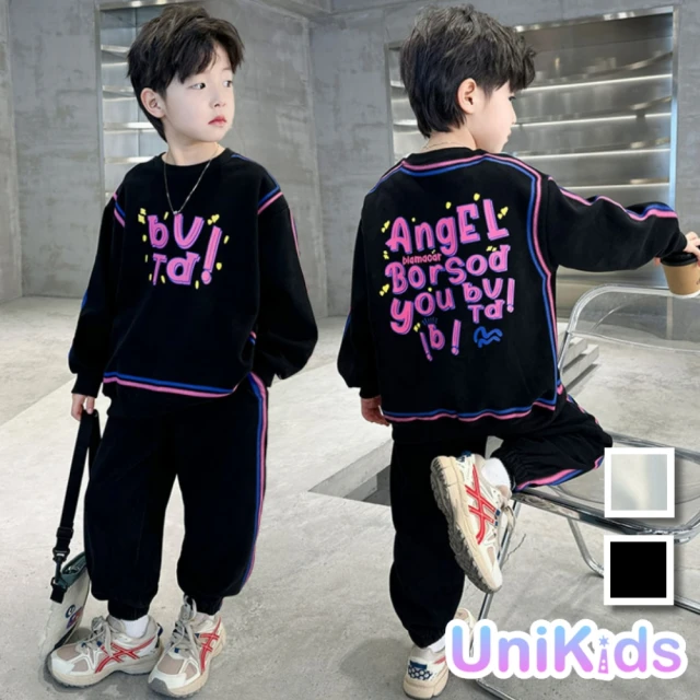 UniKids 中大童2件套裝撞色長袖大學T上衣運動長褲 男大童裝 VP248019(杏 黑)