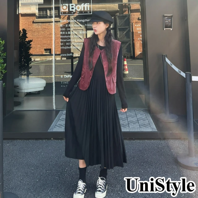 UniStyle 2件式暗紋背心長袖針織拼接百褶裙襬洋裝 韓系歐妮風 女 ZM200-2462(馬甲連身裙)