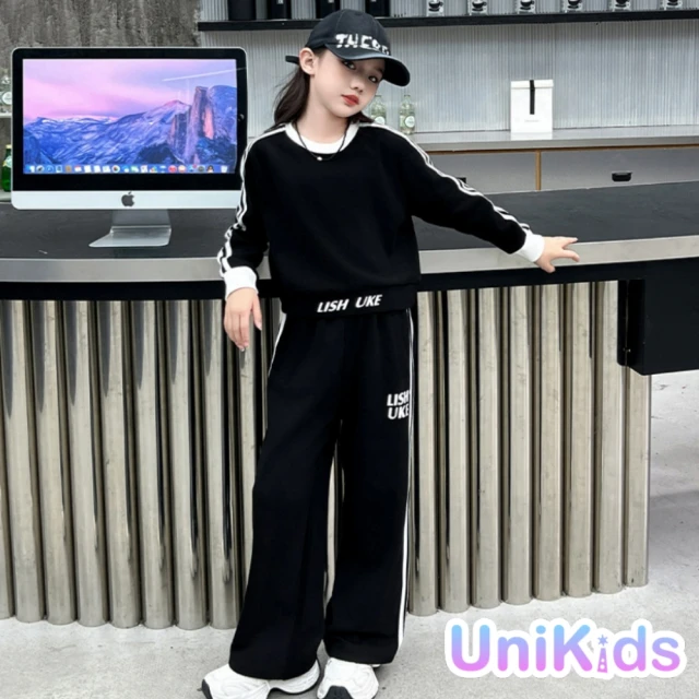 UniKids 中大童2件套裝針織字母長袖T恤休閒長褲 女大童裝 VPcltz-Q15(黑)