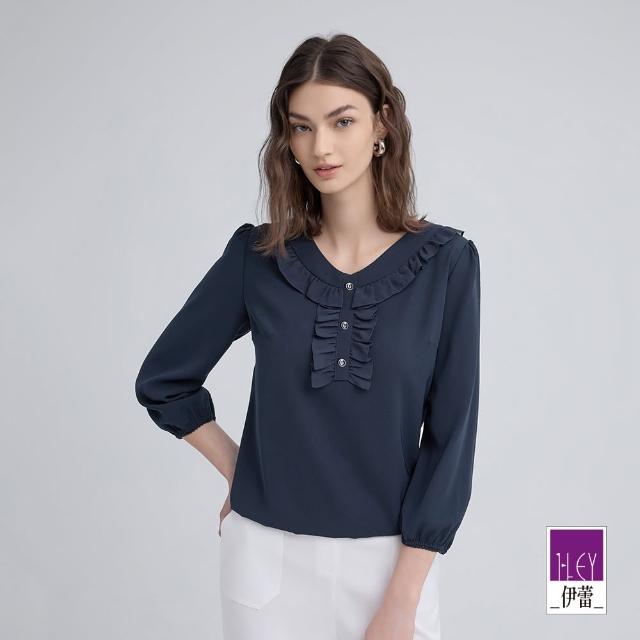 【ILEY 伊蕾】荷葉造型七分袖雪紡上衣(深藍；M-2L；1243181104)