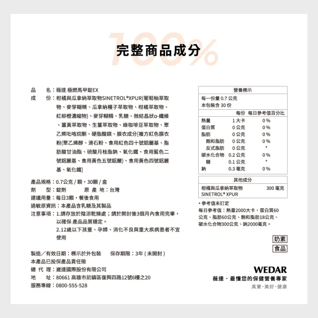 【Wedar 薇達】極燃馬甲錠EX 3盒組(30顆/盒.FST專利技術.7國專利認證.促進新陳代謝)