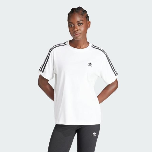 【adidas 愛迪達】短袖上衣 女款 運動 三葉草 3 STRIPE TEE 白黑 IR8051