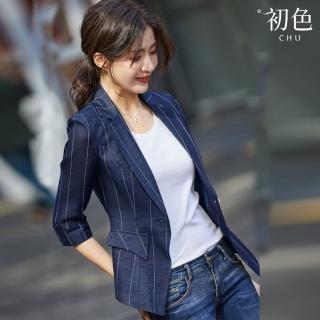 【初色】條紋西裝領翻領七分袖薄款修身西裝外套女外套-共3色-37701(M-3XL可選)