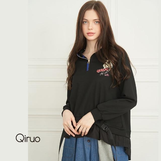 【Qiruo 奇若名品】秋冬專櫃黑色連帽上衣8182A 長版遮臀(M-XL)