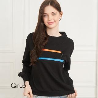 【Qiruo 奇若名品】秋冬專櫃 黑色上衣8183A 彩色線條(M-2XL)