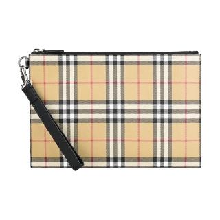 【BURBERRY 巴寶莉】BURBERRY EDIN經典格紋印花PVC拉鍊男士手拿包(典藏米/粉色咖啡壺)