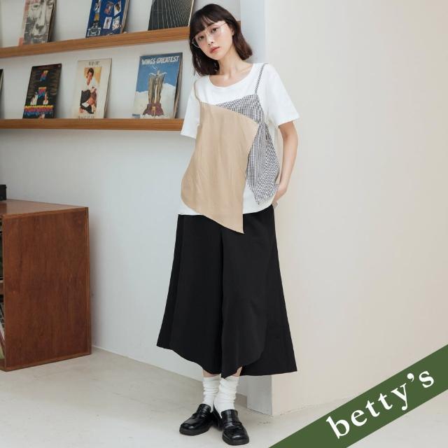 【betty’s 貝蒂思】腰鬆緊素面不對稱開衩寬褲(黑色)