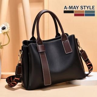 【Amay Style 艾美時尚】女包 斜揹包 側揹包 復古拼色字母背帶大容量手提肩揹包(5色.預購)