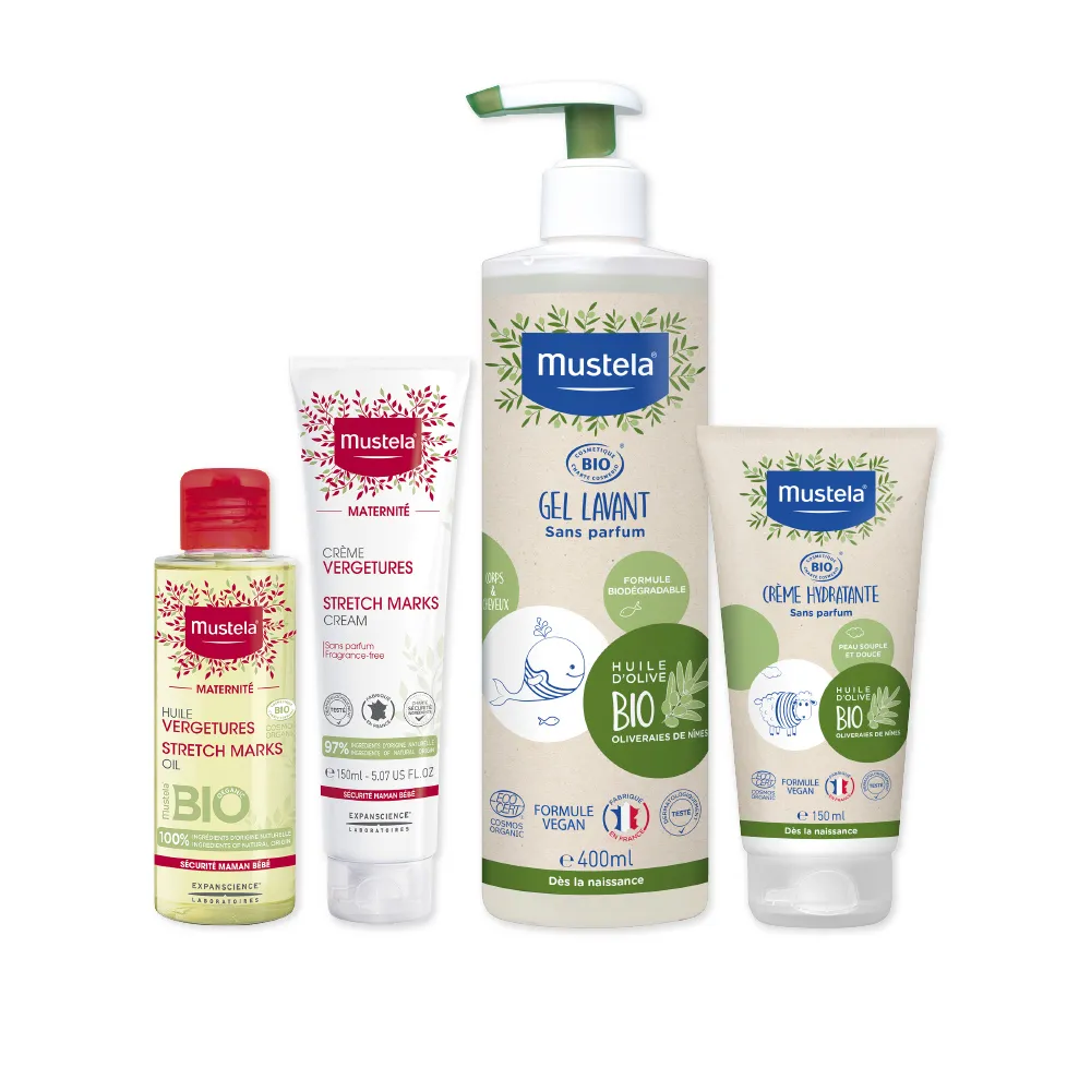 【Mustela 慕之恬廊】孕期有機沐浴保養組(孕膚油150ml+孕膚霜105ml+有機雙潔露400ml+有機潤膚乳150ml)