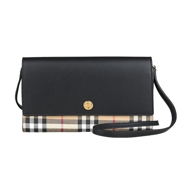 BURBERRY 巴寶莉 BURBERRY Hannah金屬釦LOGO復古PVC拼小牛皮12卡壓釦式斜背長夾 黑x典藏米 粉色咖啡壺