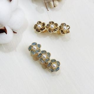 【MOON MOON ACC.】｜彈簧夾｜元氣 ‧ 鋯石珍珠小花一字 髮夾邊夾瀏海髮飾 單只販售(精緻氣質)