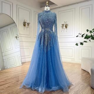 【女神婚紗禮服】高階輕奢閃耀銀河立領長飄袖宴會晚禮服LA70066B銀河藍(婚宴晚會敬酒 拉鍊款禮服)