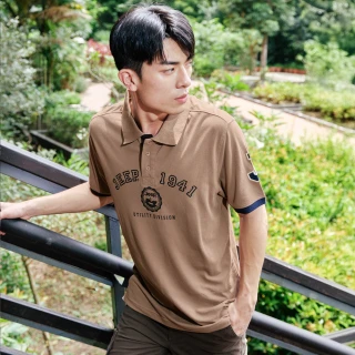 【JEEP】男裝 撞色衣袖純棉短袖POLO衫(咖啡色)