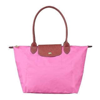 【LONGCHAMP】LONGCHAMP Le Pliage經典壓印LOGO尼龍拉鍊長把肩背水餃包(小/牡丹粉紅)