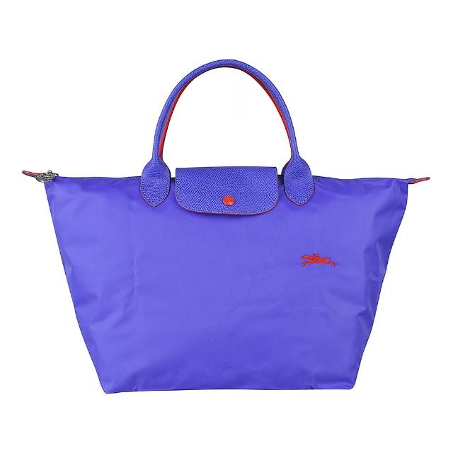 【LONGCHAMP】LONGCHAMP Le Pliage Club刺繡橘色LOGO尼龍壓釦拉鍊式手提包(中/藍)