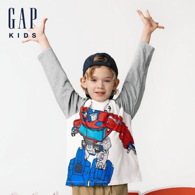 【GAP】兒童裝 Gap x TRANSFORMERS變形金剛聯名 Logo純棉印花圓領長袖T恤-灰色拼接(644926)