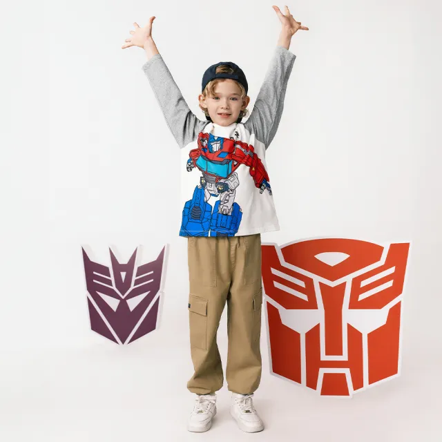 【GAP】兒童裝 Gap x TRANSFORMERS變形金剛聯名 Logo純棉印花圓領長袖T恤-灰色拼接(644926)