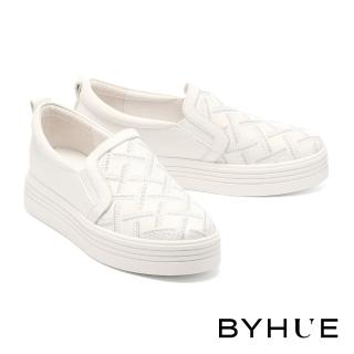 【BYHUE】率性舒適撞色電繡造型牛皮軟芯厚底休閒鞋(白)