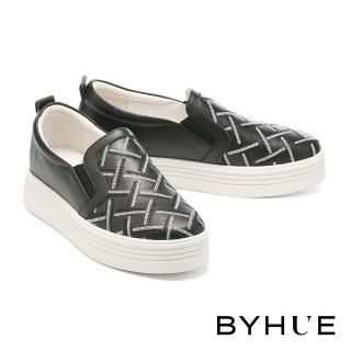 【BYHUE】率性舒適撞色電繡造型牛皮軟芯厚底休閒鞋(黑)