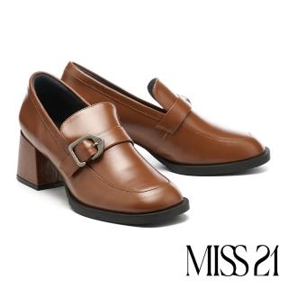 【MISS 21】經典學院風LOGO釦純色牛油皮方頭樂福高跟鞋(咖)