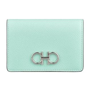 【Salvatore Ferragamo】SALVATORE FERRAGAMO GANCINI雙環LOGO釦式防刮牛皮2卡卡片夾(冰川藍)