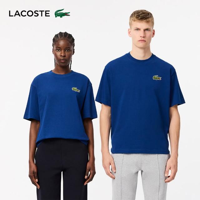 【LACOSTE】中性款-寬鬆棉質平紋針織短袖T恤(地球藍)