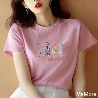 【MsMore】格林畫風可愛兔印花圓領精梳棉短袖短版T恤上衣臺灣現貨#121668(白/粉/卡其/綠/藍)