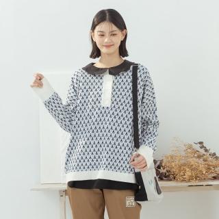【MOSS CLUB】復古幾何圖騰半開襟長袖針織上衣(藍 駝/魅力商品)