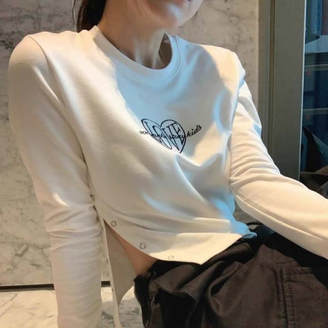 【創翊韓都】正韓T恤 刺繡開叉長袖短版T恤FORMAL1003-創翊韓都(預購)