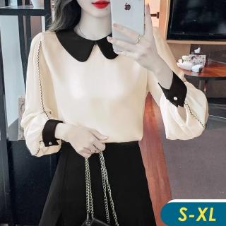 【CHACO】/預購/女春秋 配色減齡娃娃領寬鬆長袖雪紡襯衫上衣#6023(雪紡 上衣 襯衫 長袖 女 春秋 OL)