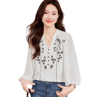 【CHACO】/現貨/女 白色刺繡排釦小V領燈籠袖雪紡上衣#8926(雪紡 上衣 襯衫 燈籠袖 長袖 女 春秋)
