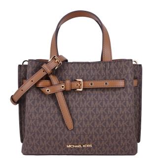 【Michael Kors】EMILIA系列 防刮牛皮皮革 金釦LOGO 紐結環扣 斜背/肩背/手提 手提包 斜背包(老花咖)