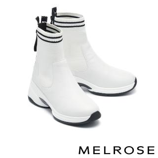 【MELROSE】美樂斯 俐落時髦舒適牛皮拼接彈力飛織高筒厚底休閒鞋(白)