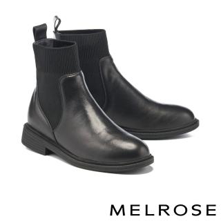 【MELROSE】美樂斯 時髦異材質拼接牛皮彈力厚底短靴(黑)