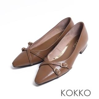 【KOKKO】個性交叉飾扣尖頭低跟包鞋(駝綠色)