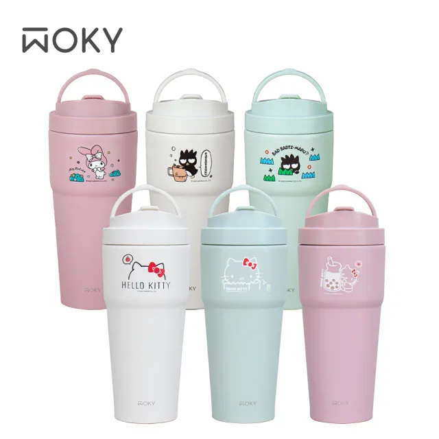 【WOKY 沃廚】三麗鷗聯名提手輕芯鈦瓷易潔層保溫杯750ML(kitty/美樂蒂/酷企鵝)