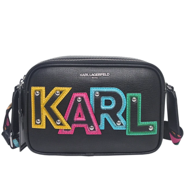 KARL LAGERFELD 卡爾 彩色品牌字母大LOGO字母背帶防刮皮革相機斜背包(黑)