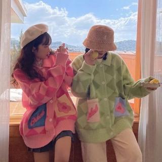 【巴黎精品】現貨+預購 針織外套長袖毛衣(日系翻領菱格寬鬆女外套2色m1ab6)