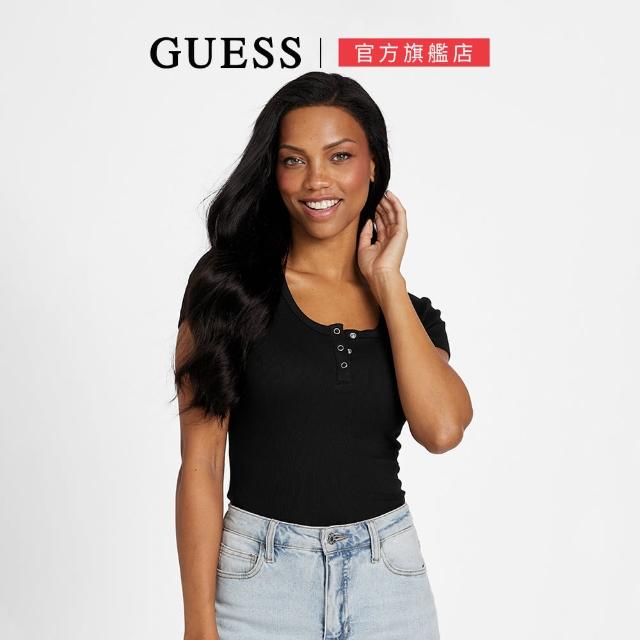 【GUESS】顯瘦U領小性感排扣短袖上衣(黑色)