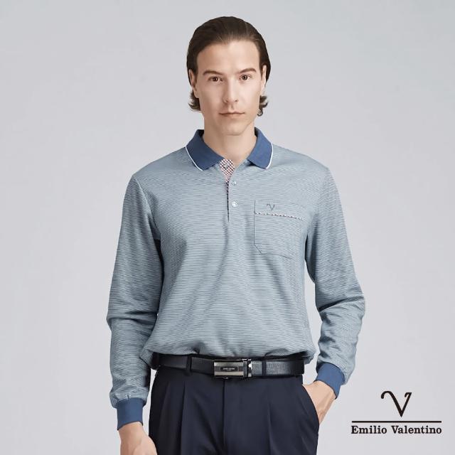 【Emilio Valentino 范倫鐵諾】男 長袖POLO衫 保暖 刷磨毛 胸袋 POLO衫 上衣 灰/藍(21-4V8893)