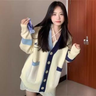 【巴黎精品】現貨+預購 針織外套長袖毛衣(日系撞色寬鬆百搭女外套2色m1ab54)