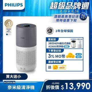 【Philips 飛利浦】奈米級空氣清淨機-360度高效過濾★適用17坪(AC2936 / 買大送小)