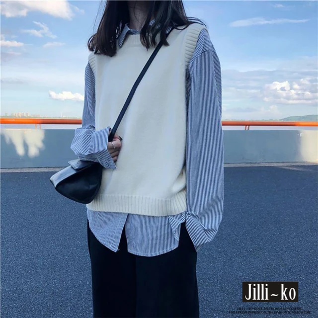 JILLI-KO 韓版圓領疊穿針織背心-F(白/咖)