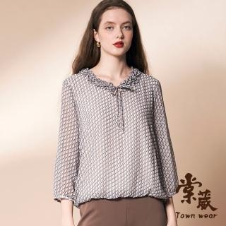 【TOWN’WEAR 棠葳】時髦幾何雪紡上衣(中大尺碼/女上衣/女上著/長袖/透膚/領結/珍珠/滿版)