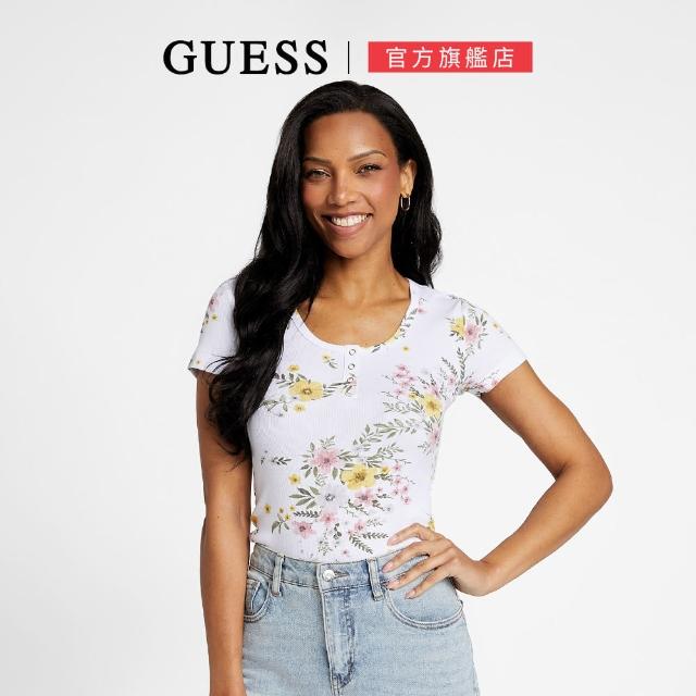 【GUESS】清新花朵U領排扣短袖上衣(白色)