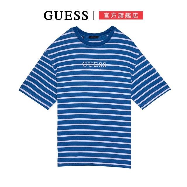 【GUESS】韓系條紋休閒刺繡LOGO短袖上衣(兩色任選)