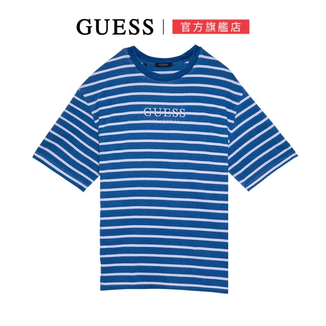 GUESS 韓系條紋休閒刺繡LOGO短袖上衣(兩色任選)