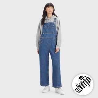 【LEVIS 官方旗艦】Silver Tab銀標系列 女 街頭寬直筒牛仔吊帶長褲/精工中藍染石洗 熱賣單品 A6280-0003