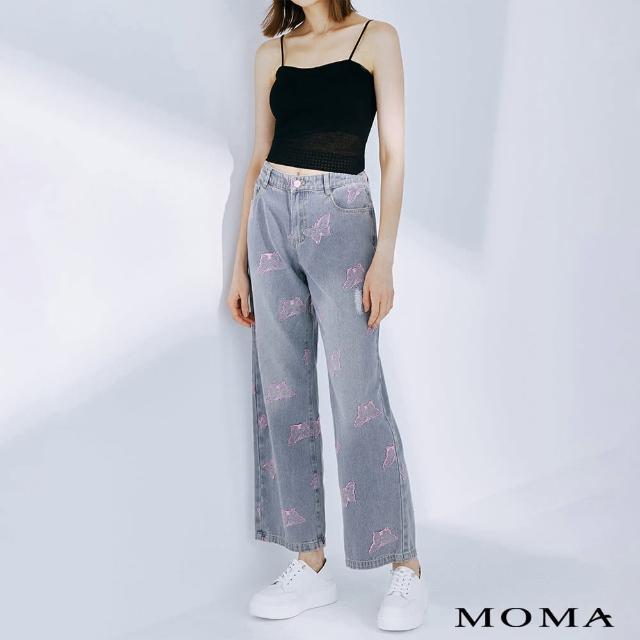 【MOMA】蝴蝶刺繡牛仔寬褲(藍色)